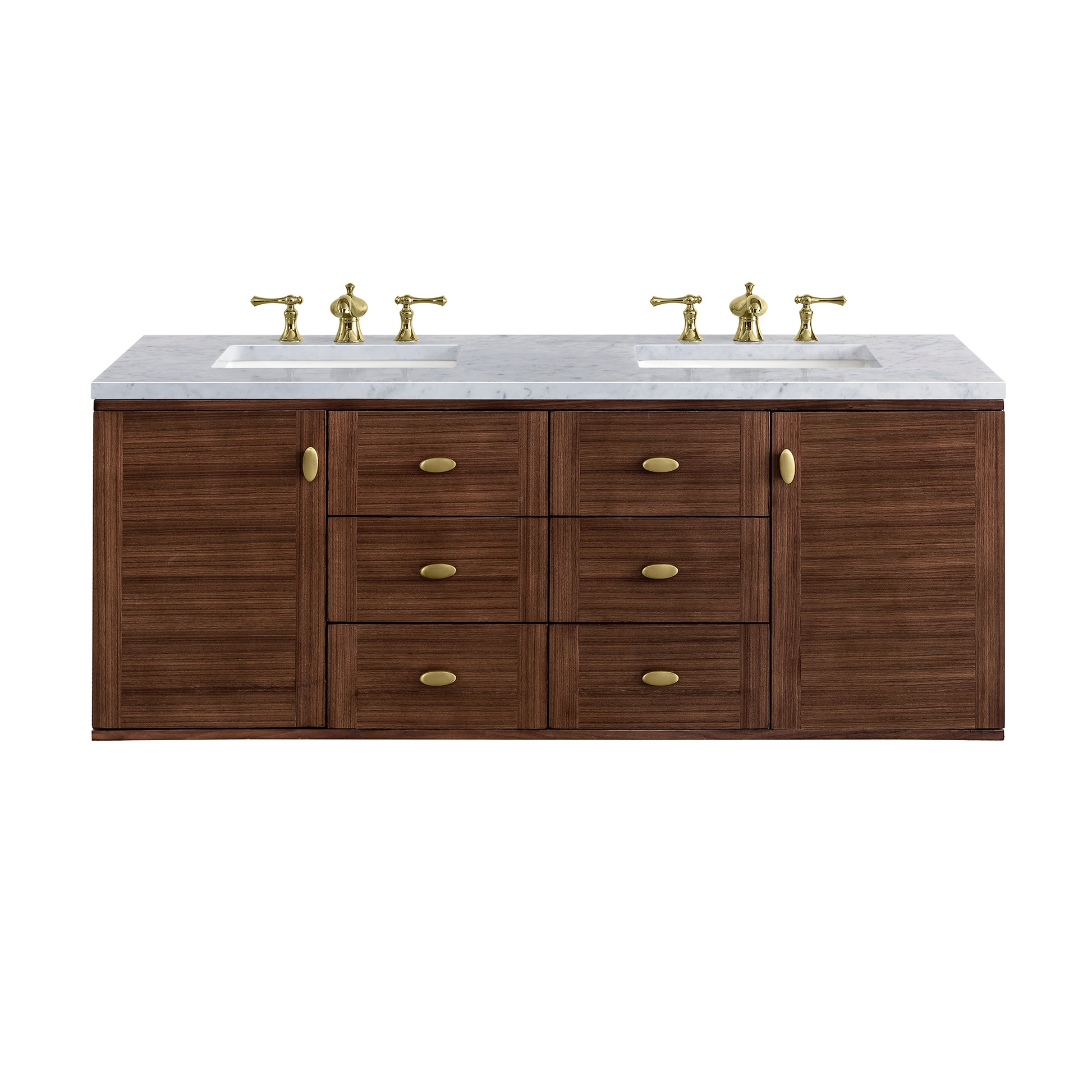 Amberly 60" Double Vanity, Mid-Century Walnut w/ 3CM Carrara Marble Top James Martin Vanities