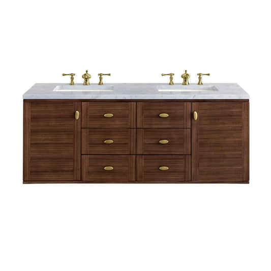 Amberly 60" Double Vanity, Mid-Century Walnut w/ 3CM Carrara Marble Top James Martin Vanities