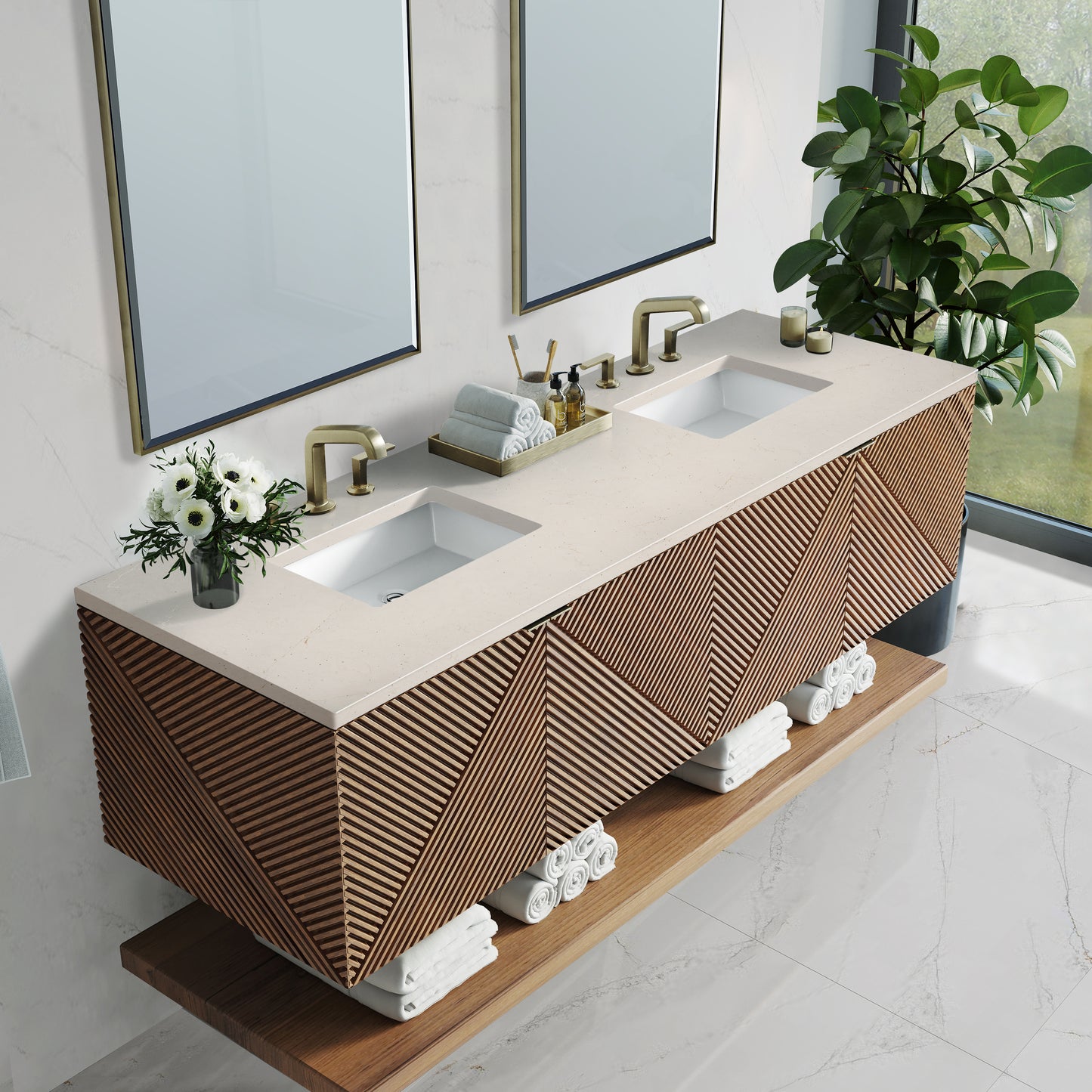 Bathroom Vanities Outlet Atlanta Renovate for LessMarcello 72" Double Vanity, Chestnut w/ 3CM Eternal Marfil Top