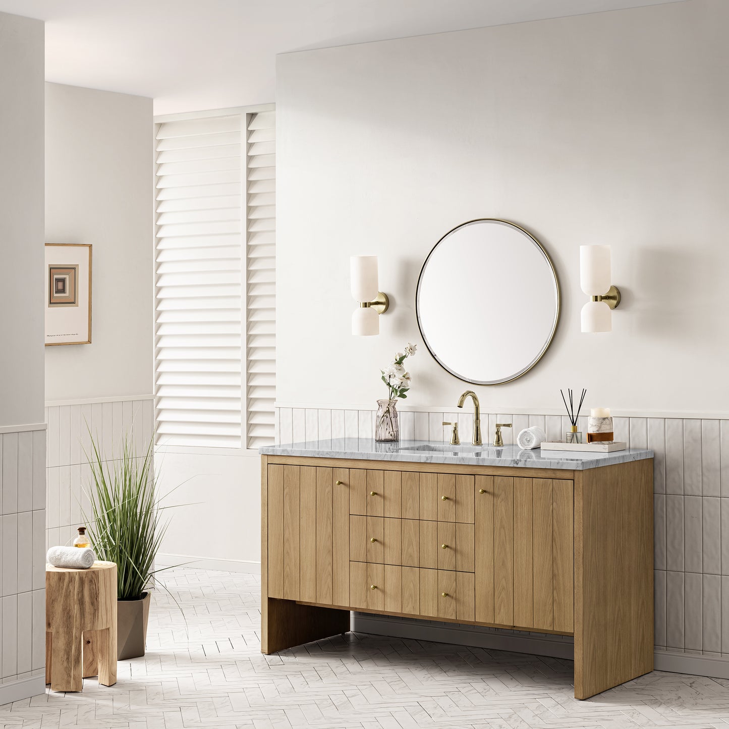 Hudson 60" Single Vanity, Light Natural Oak w/ 3CM Arctic Fall Top James Martin Vanities