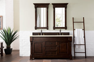 Brookfield 60" Double Vanity, Burnished Mahogany w/ 3 CM Eternal Marfil Quartz Top James Martin Vanities