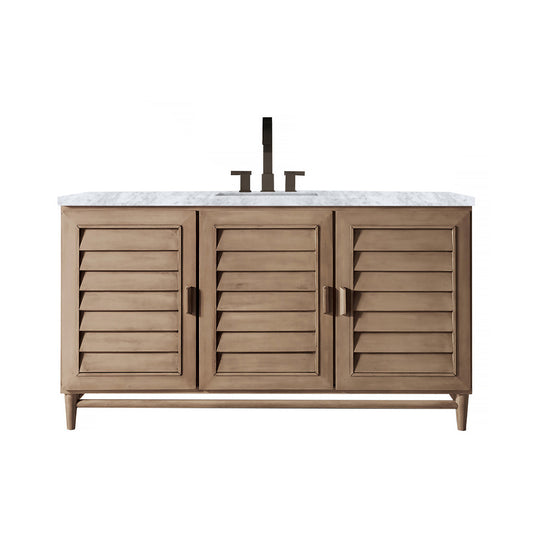 Portland 60" Single Vanity Whitewashed Walnut w/ 3 CM Carrara Marble Top James Martin Vanities
