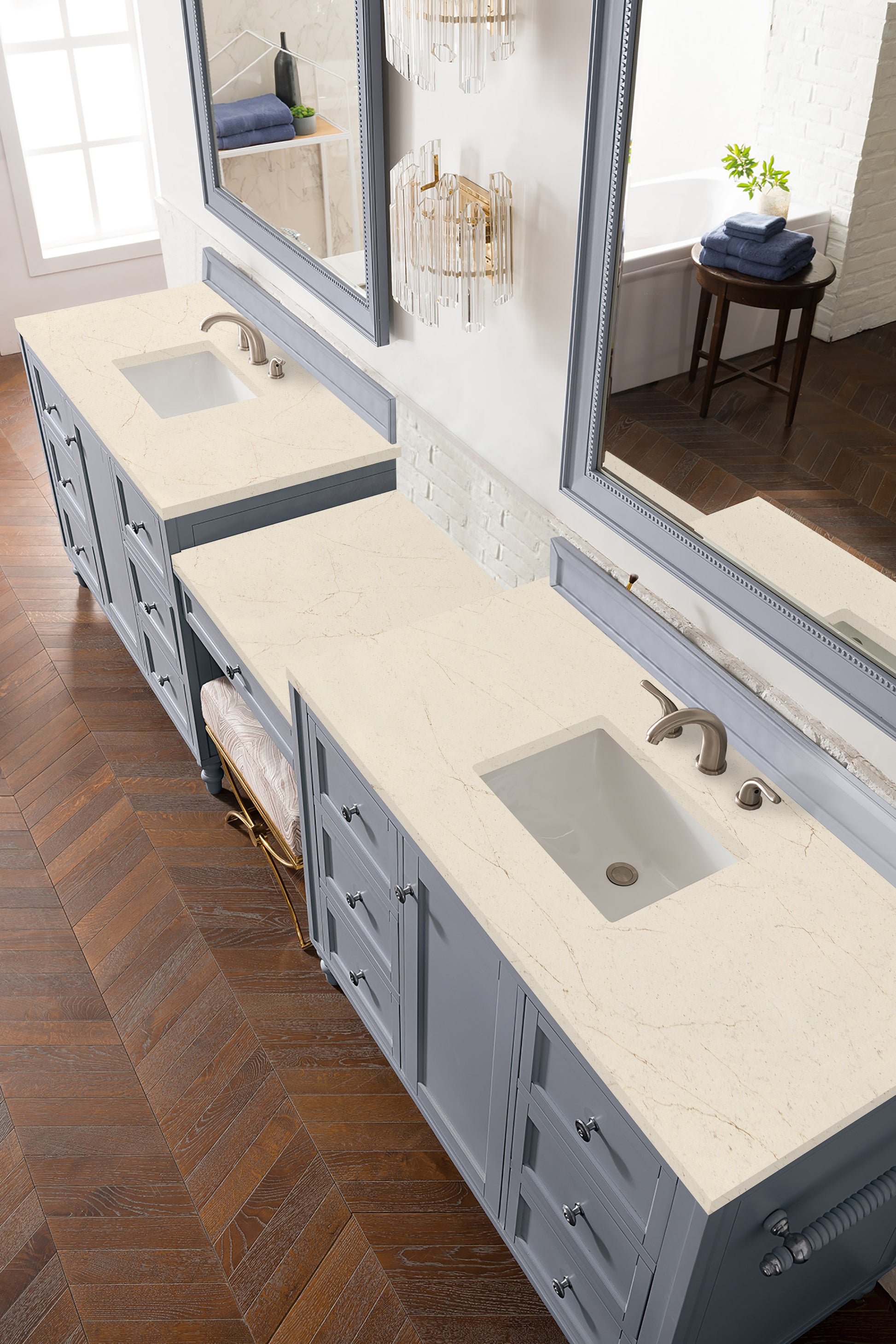 Bathroom Vanities Outlet Atlanta Renovate for LessCopper Cove Encore 122" Double Vanity Set, Silver Gray w/ Makeup Table, 3 CM Eternal Marfil Quartz Top