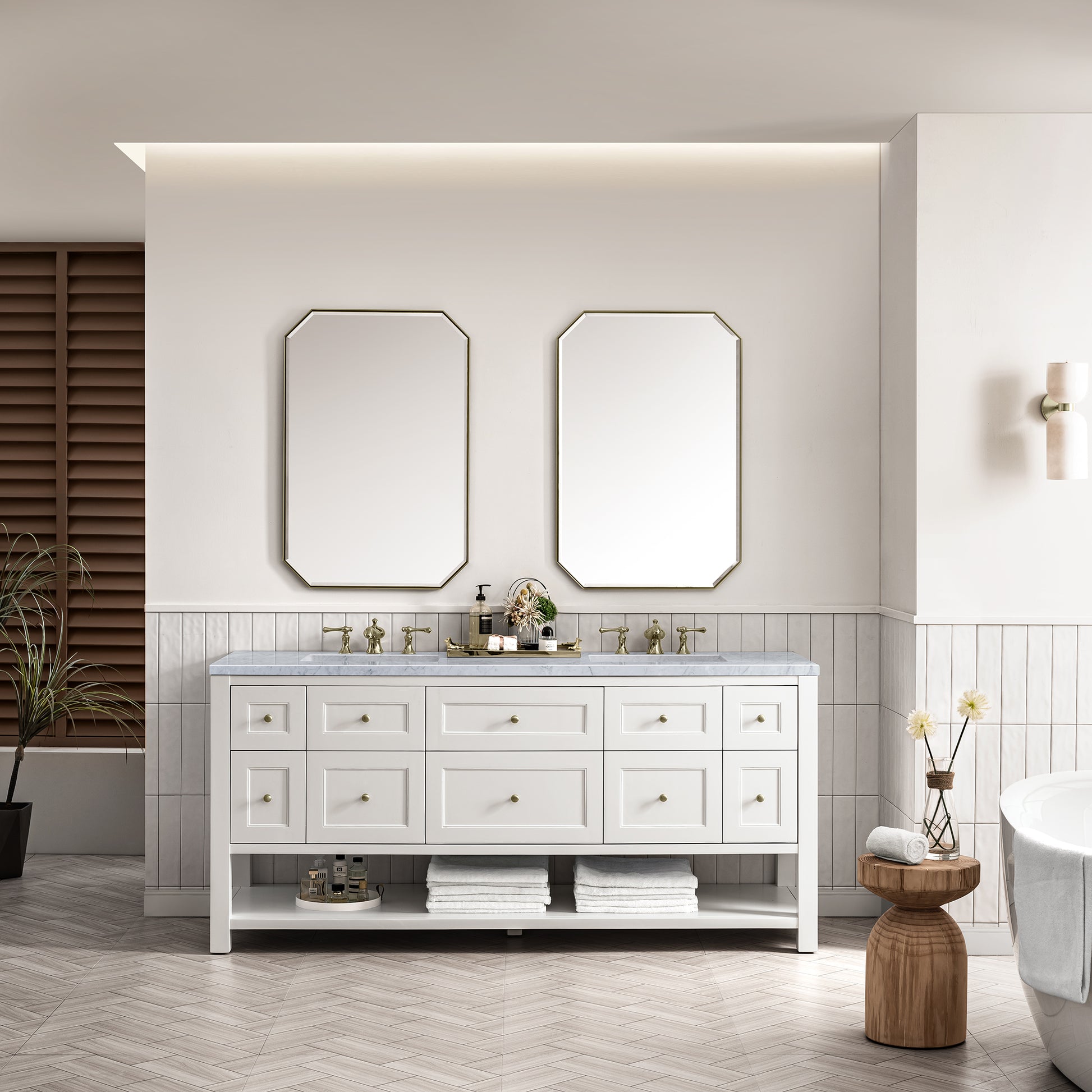 Breckenridge 72" Double Vanity, Bright White w/ 3CM Carrara Marble Top James Martin Vanities