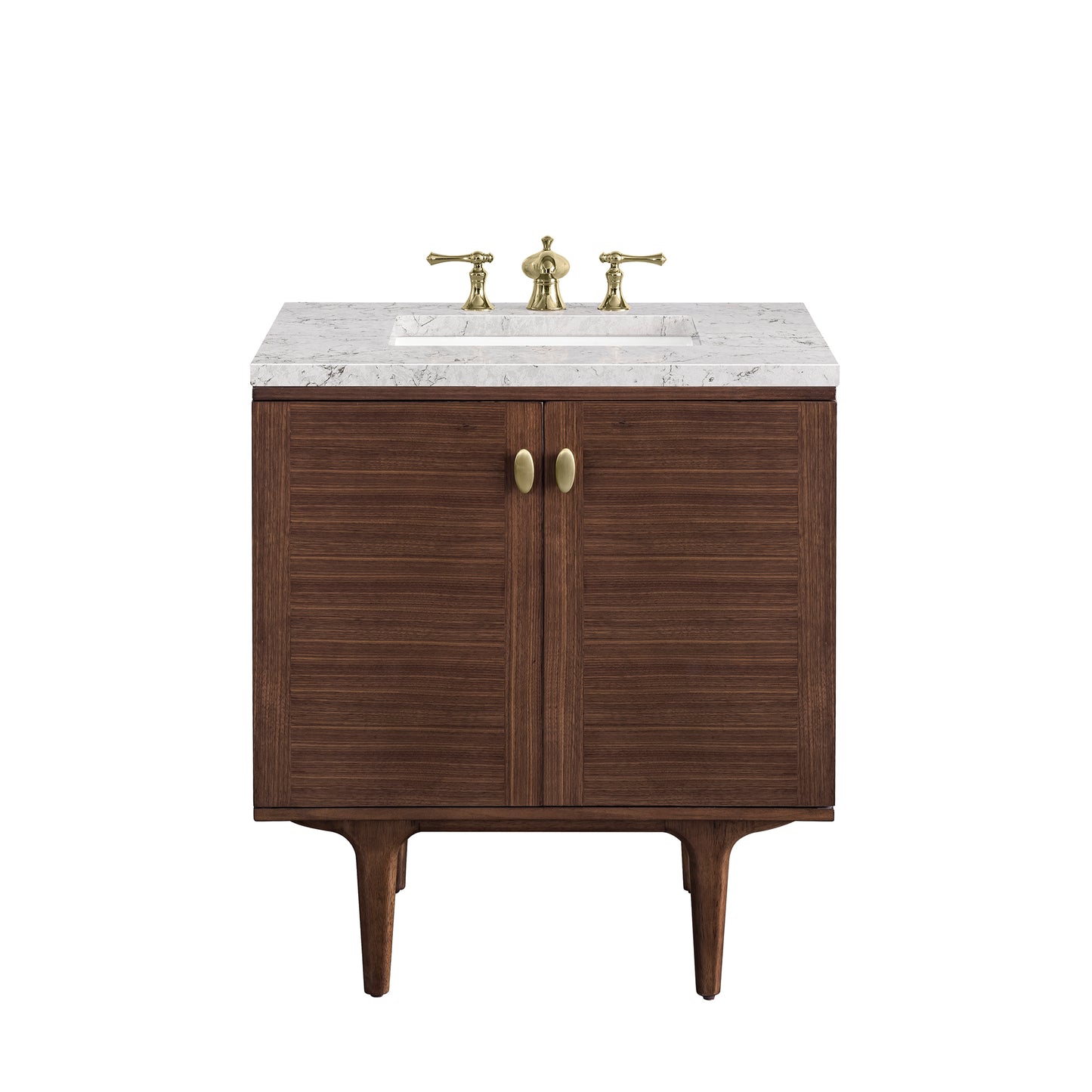 Amberly 30" Single Vanity, Mid-Century Walnut w/ 3CM Eternal Jasmine Pearl Top James Martin Vanities