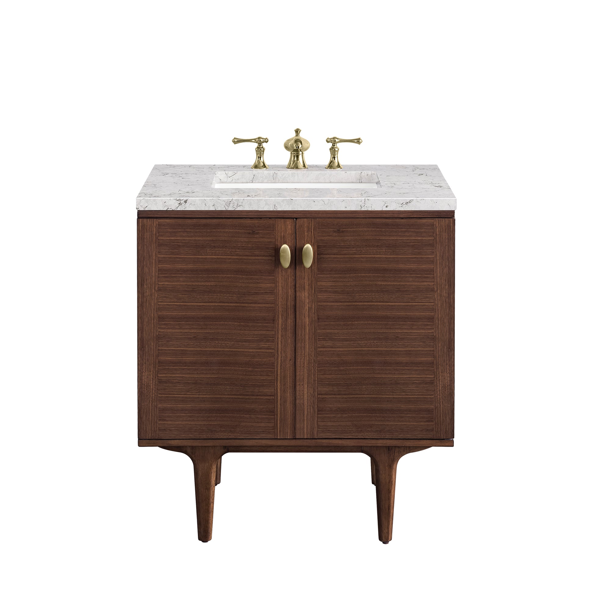 Amberly 30" Single Vanity, Mid-Century Walnut w/ 3CM Eternal Jasmine Pearl Top James Martin Vanities