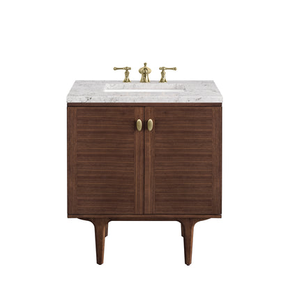 Amberly 30" Single Vanity, Mid-Century Walnut w/ 3CM Eternal Jasmine Pearl Top James Martin Vanities