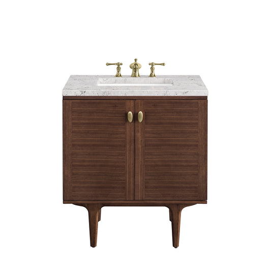 Amberly 30" Single Vanity, Mid-Century Walnut w/ 3CM Eternal Jasmine Pearl Top James Martin Vanities