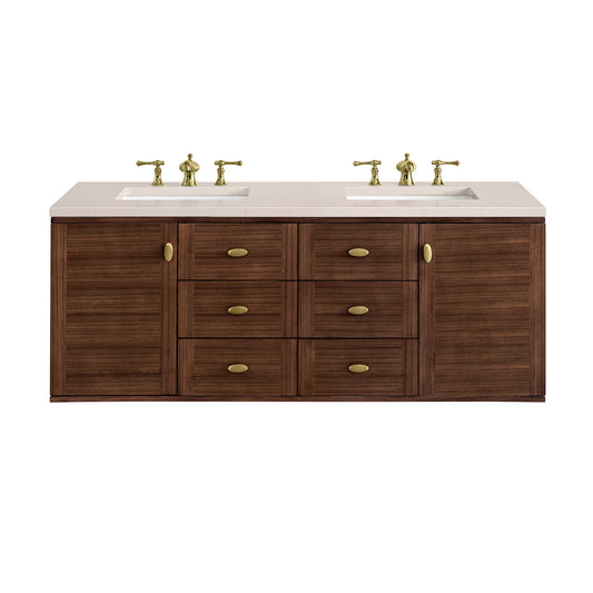 Amberly 60" Double Vanity, Mid-Century Walnut w/ 3CM Eternal Marfil Top James Martin Vanities