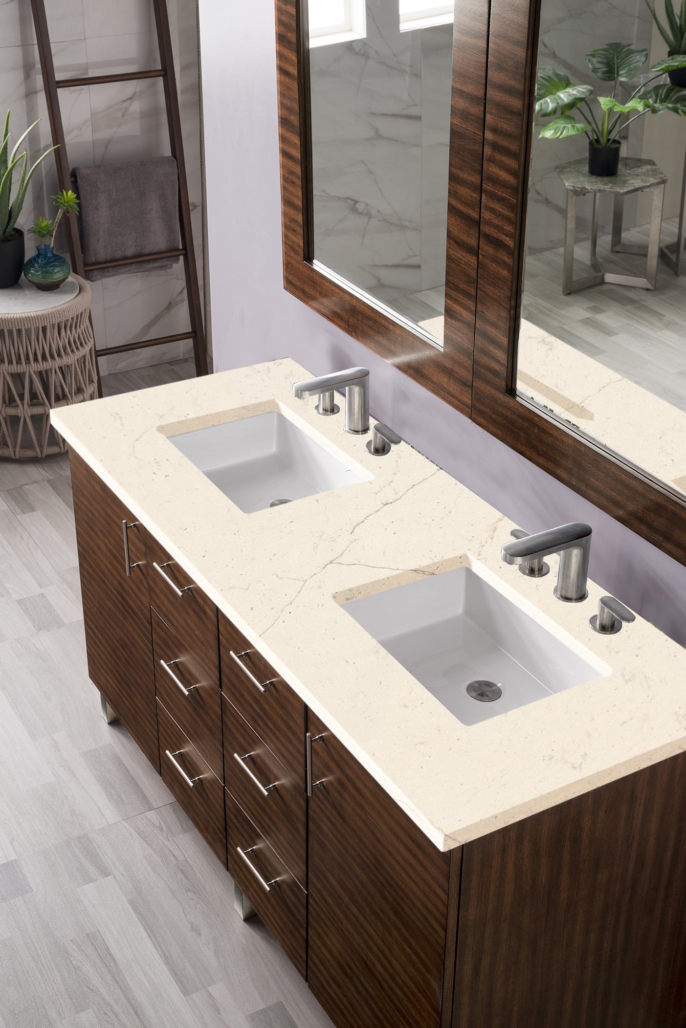 Metropolitan 60" Double Vanity, American Walnut, w/ 3 CM Eternal Marfil Quartz Top James Martin Vanities