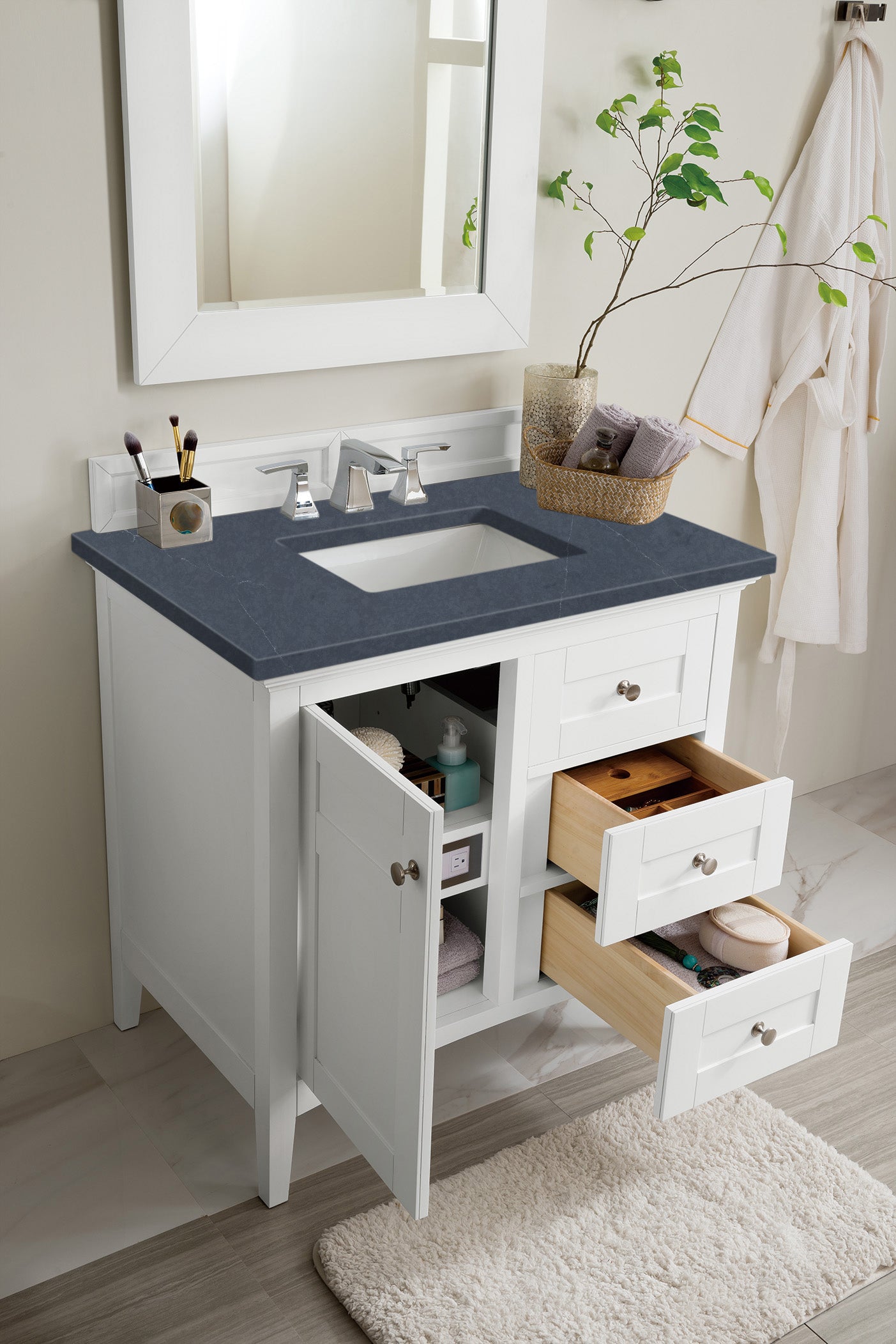 Palisades 36" Single Vanity, Bright White, w/ 3 CM Charcoal Soapstone Quartz Top James Martin Vanities