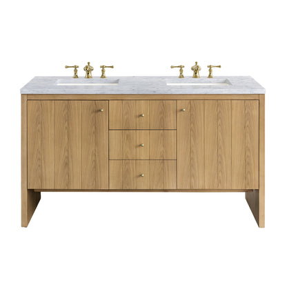 Hudson 60" Double Vanity, Light Natural Oak w/ 3CM Carrara Marble Top James Martin Vanities