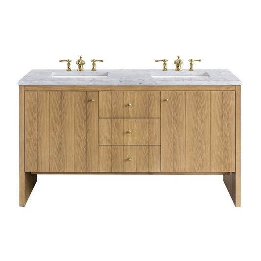 Hudson 60" Double Vanity, Light Natural Oak w/ 3CM Carrara Marble Top James Martin Vanities