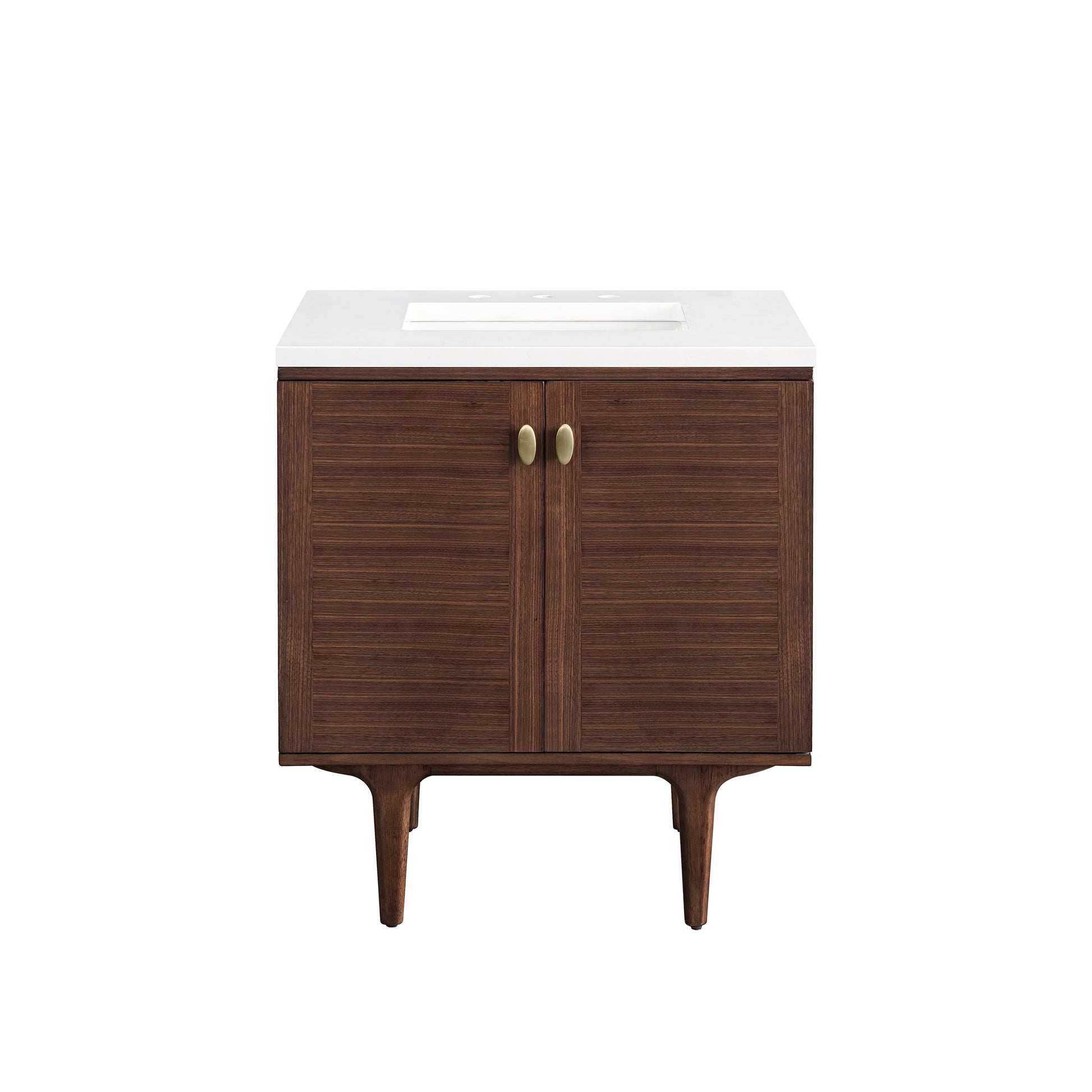 Amberly 30" Single Vanity, Mid-Century Walnut w/ 3CM White Zeus Top James Martin Vanities