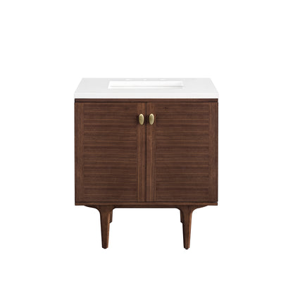 Amberly 30" Single Vanity, Mid-Century Walnut w/ 3CM White Zeus Top James Martin Vanities