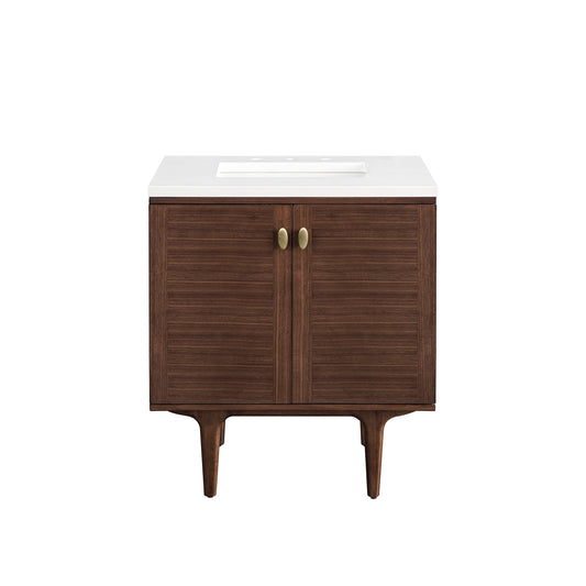 Amberly 30" Single Vanity, Mid-Century Walnut w/ 3CM White Zeus Top James Martin Vanities