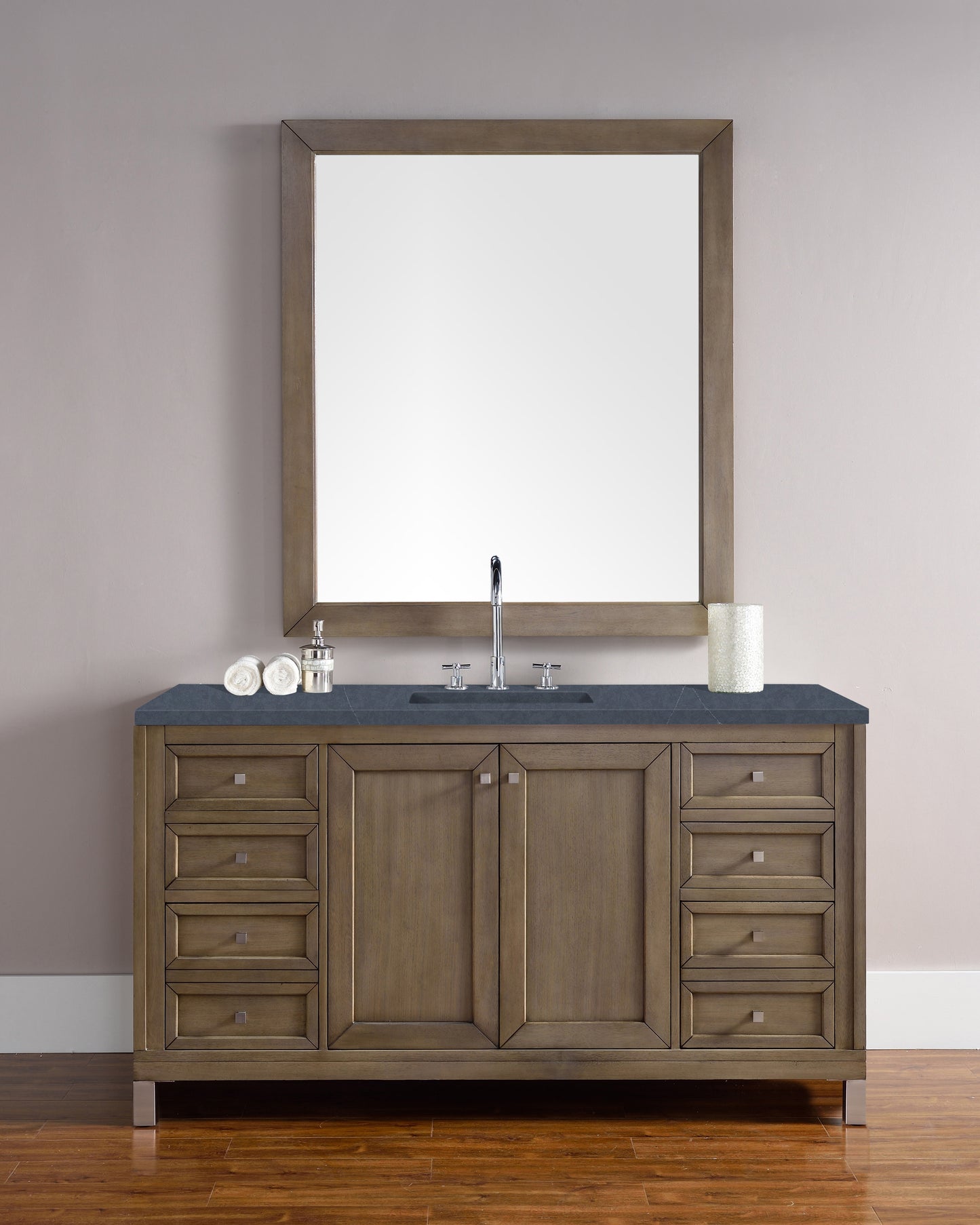 Chicago 60" Single Vanity, Whitewashed Walnut w/ 3 CM Charcoal Soapstone Quartz Top James Martin Vanities
