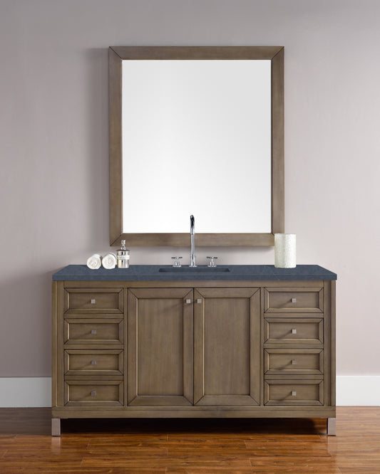 Chicago 60" Single Vanity, Whitewashed Walnut w/ 3 CM Charcoal Soapstone Quartz Top James Martin Vanities