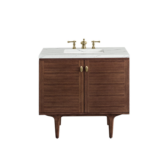 Amberly 36" Single Vanity, Mid-Century Walnut w/ 3CM Ethereal Noctis Top James Martin Vanities