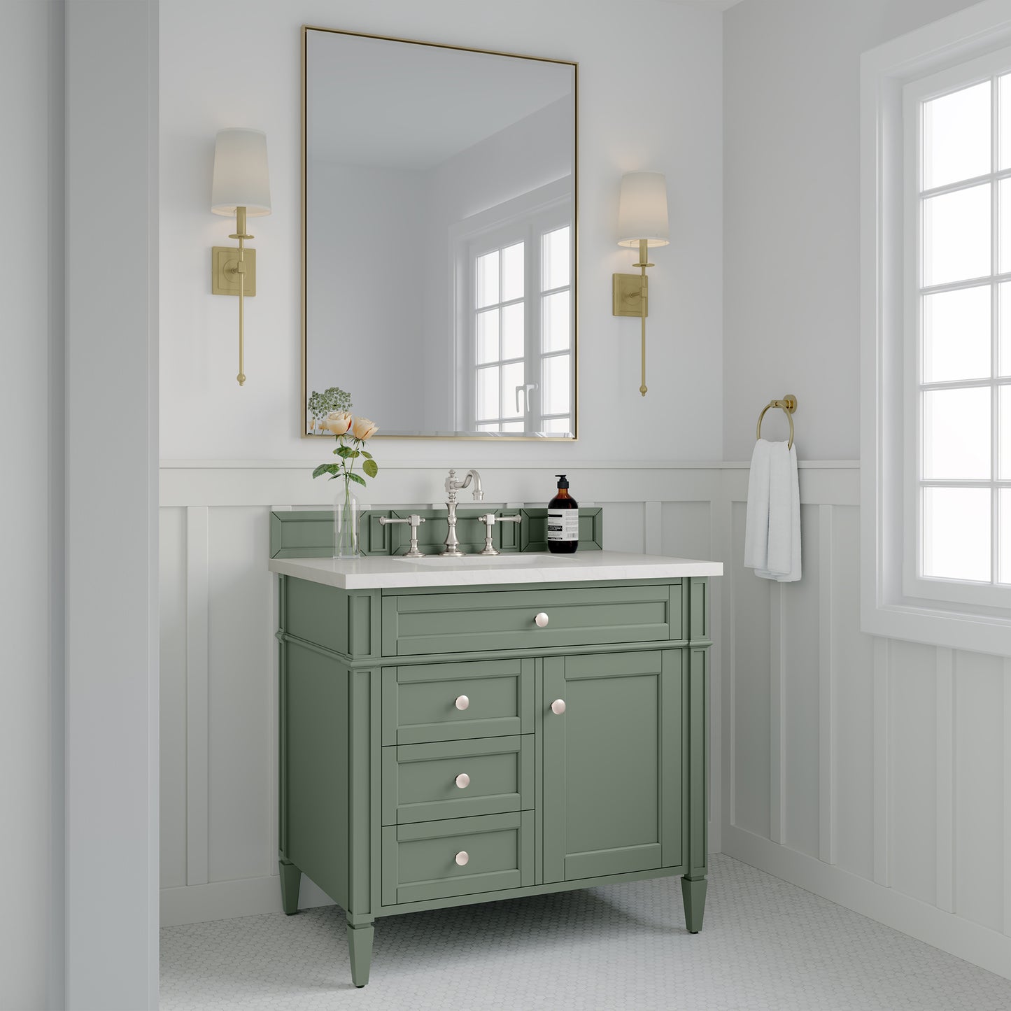 Brittany 36" Single Vanity, Smokey Celadon w/ 3CM White Zeus Top James Martin Vanities