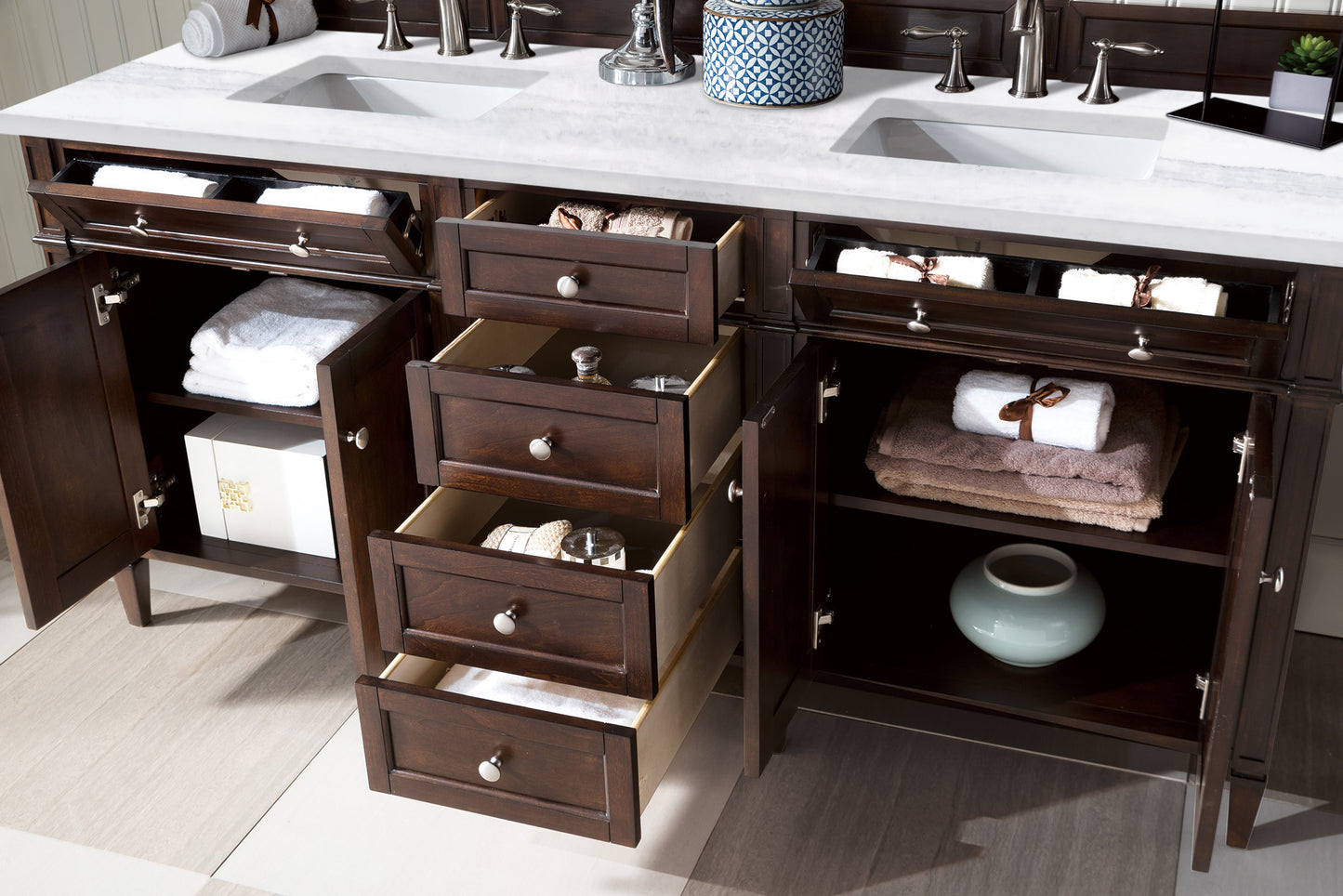 Bathroom Vanities Outlet Atlanta Renovate for LessBrittany 72" Burnished Mahogany Double Vanity w/ 3 CM Arctic Fall Solid Surface Top