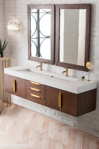 Mercer Island 72" Double Vanity, Coffee Oak, Radiant Gold w/ Glossy White Composite Top James Martin Vanities