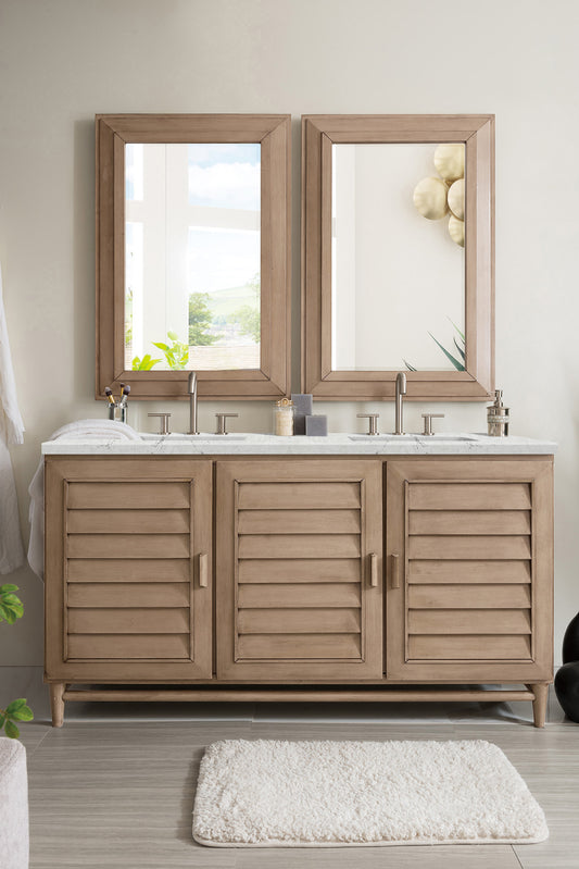 Portland 60" Double Vanity Whitewashed Walnut, w/ 3 CM Eternal Jasmine Pearl Quartz Top James Martin Vanities