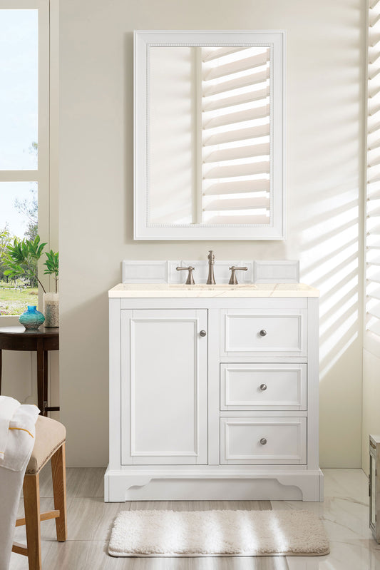 De Soto 36" Single Vanity, Bright White w/ 3 CM Eternal Marfil Quartz Top James Martin Vanities