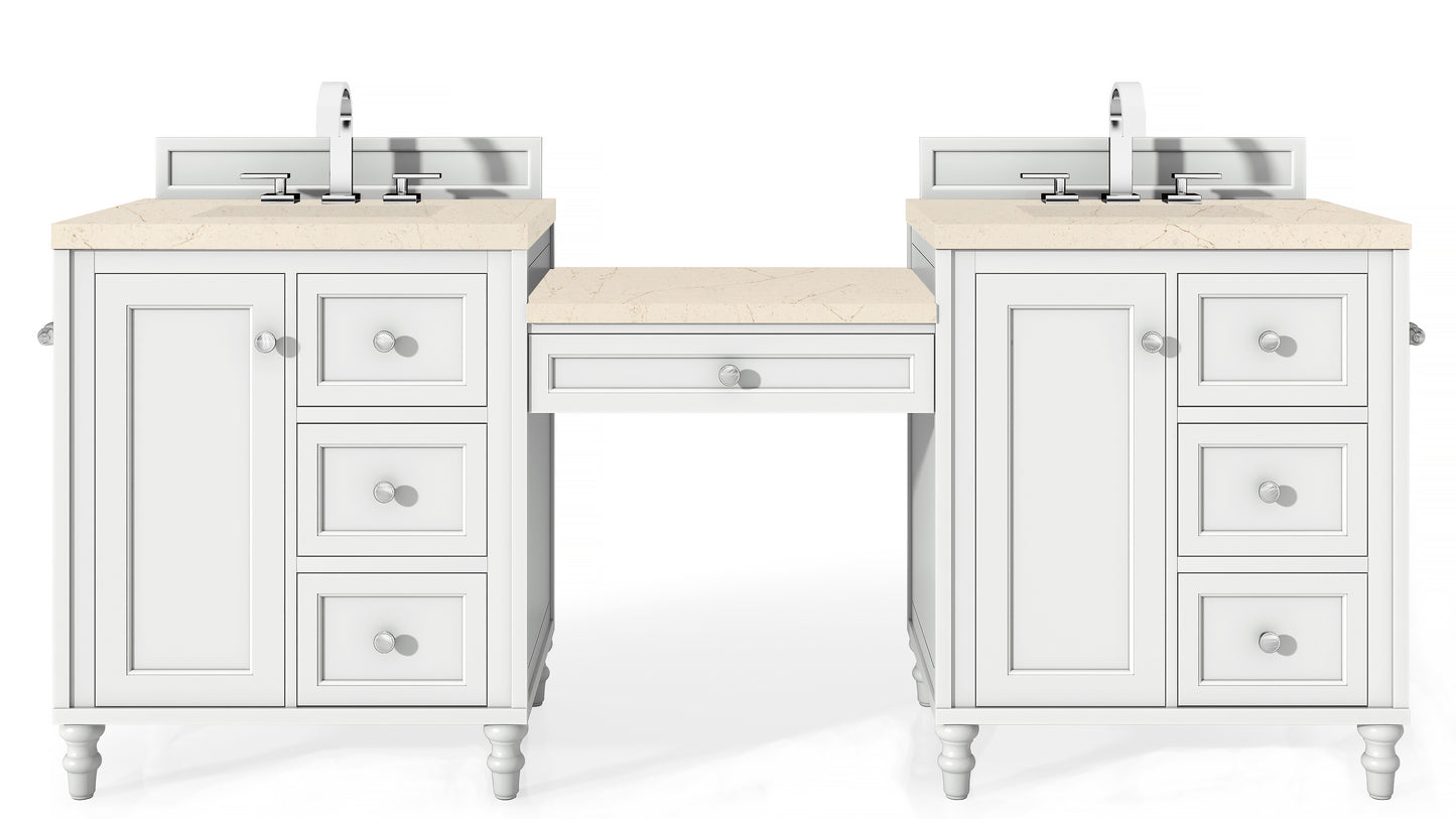 Copper Cove Encore 86" Double Vanity Set, Bright White w/ Makeup Table, 3 CM Eternal Marfil Quartz Top James Martin Vanities