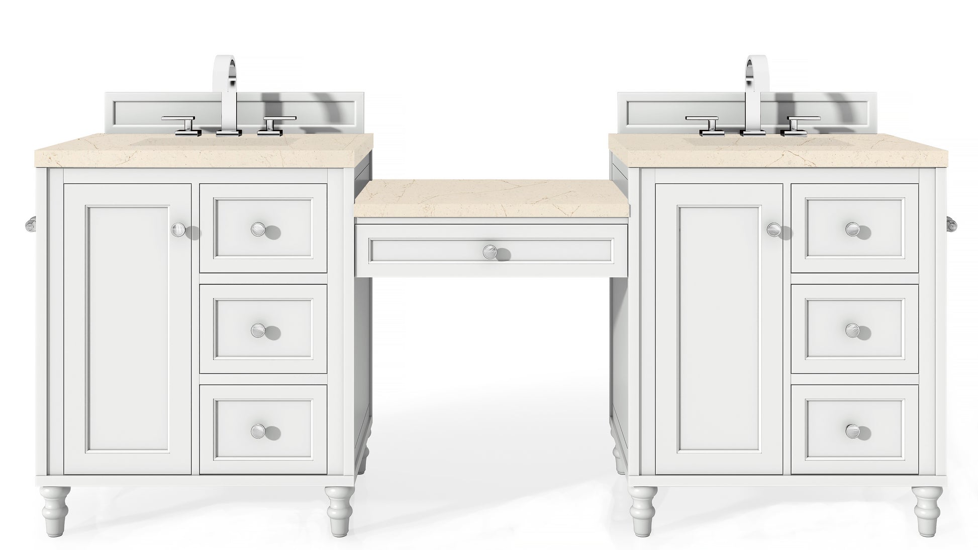 Copper Cove Encore 86" Double Vanity Set, Bright White w/ Makeup Table, 3 CM Eternal Marfil Quartz Top James Martin Vanities