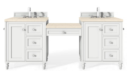 Copper Cove Encore 86" Double Vanity Set, Bright White w/ Makeup Table, 3 CM Eternal Marfil Quartz Top James Martin Vanities