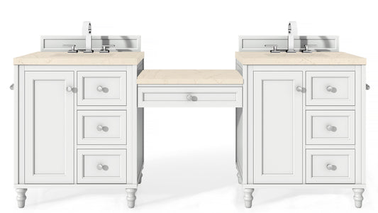 Copper Cove Encore 86" Double Vanity Set, Bright White w/ Makeup Table, 3 CM Eternal Marfil Quartz Top James Martin Vanities