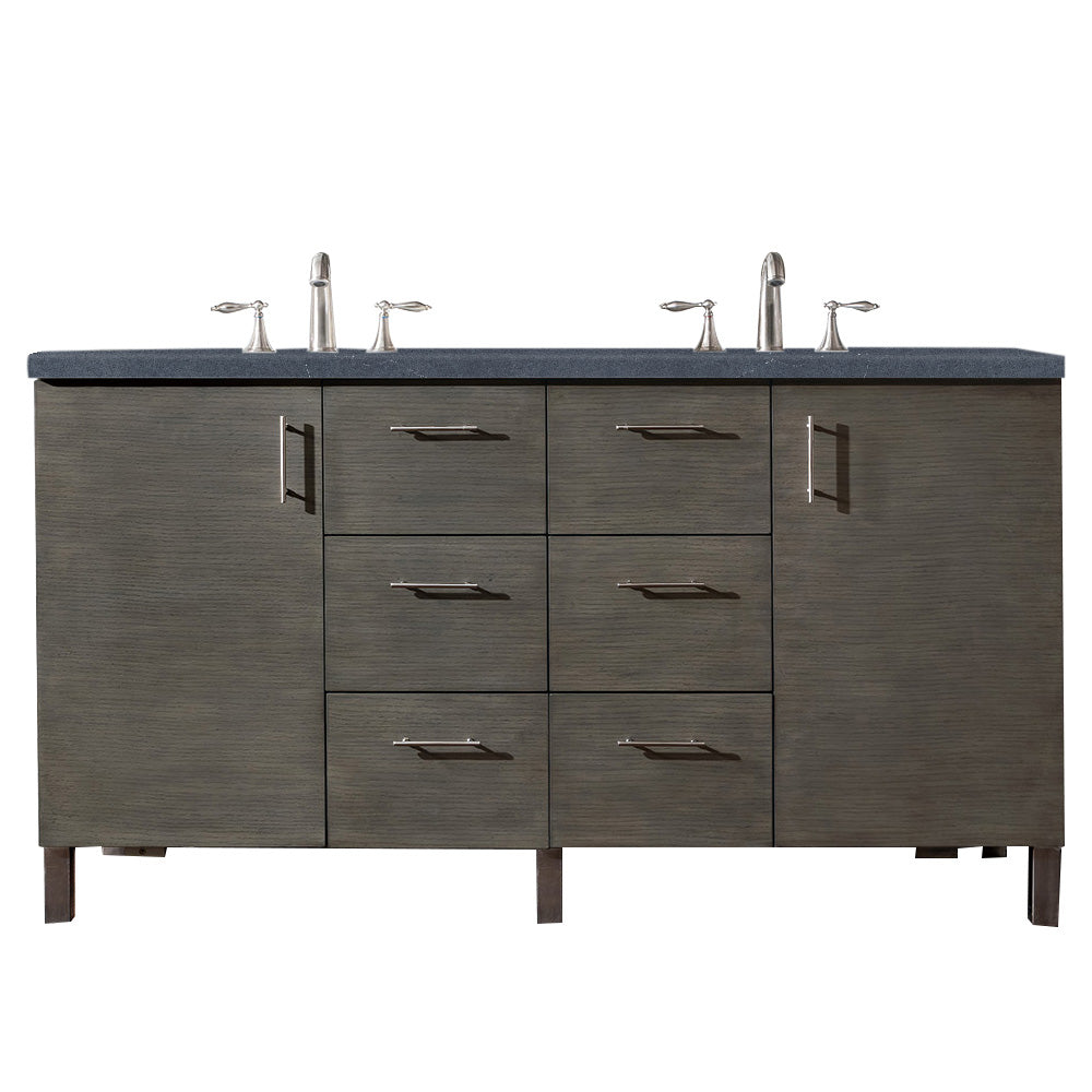 Metropolitan 60" Double Vanity, Silver Oak, w/ 3 CM Charcoal Soapstone Quartz Top James Martin Vanities