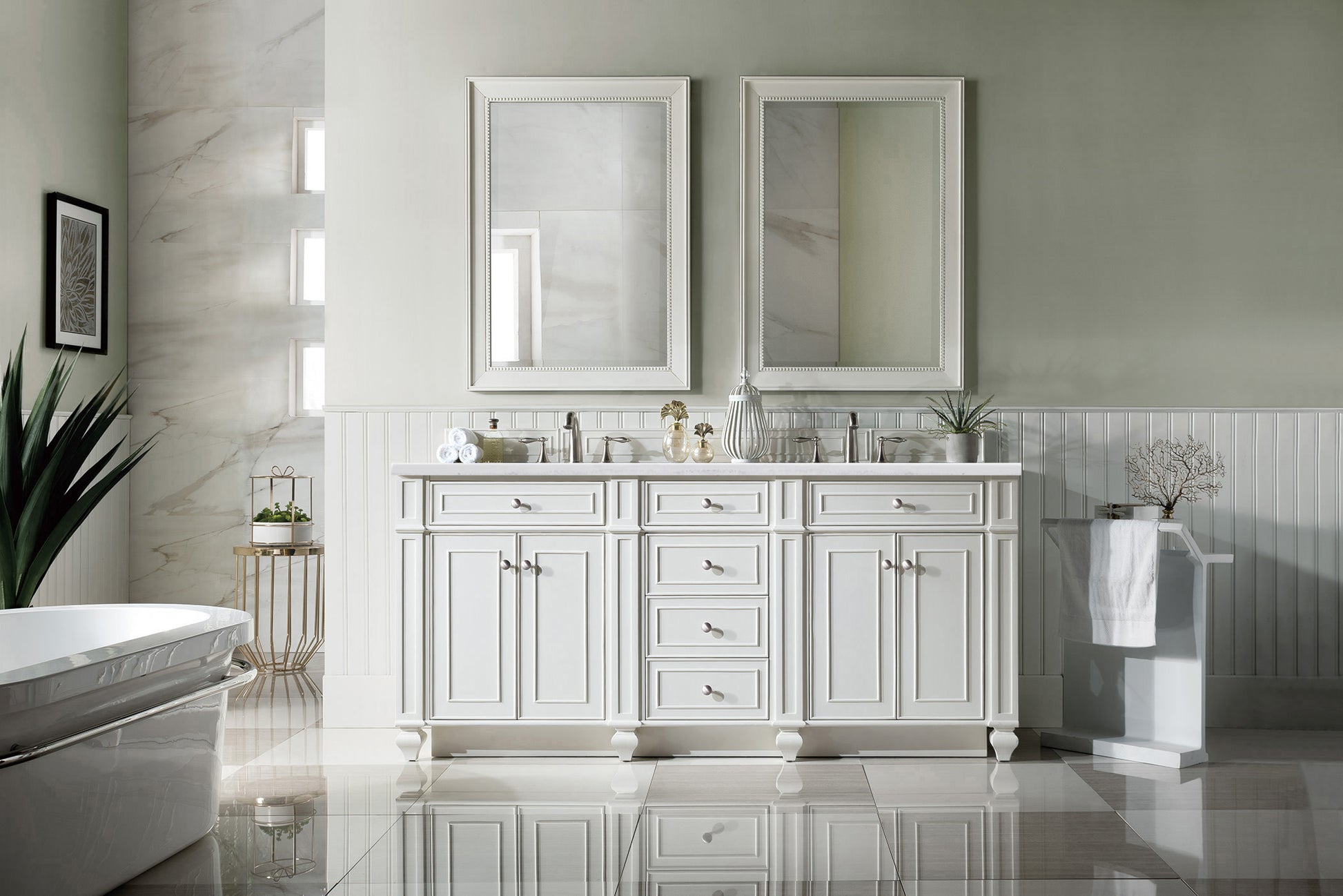 Bristol 72" Double Vanity, Bright White, w/ 3 CM Arctic Fall Solid Surface Top James Martin Vanities