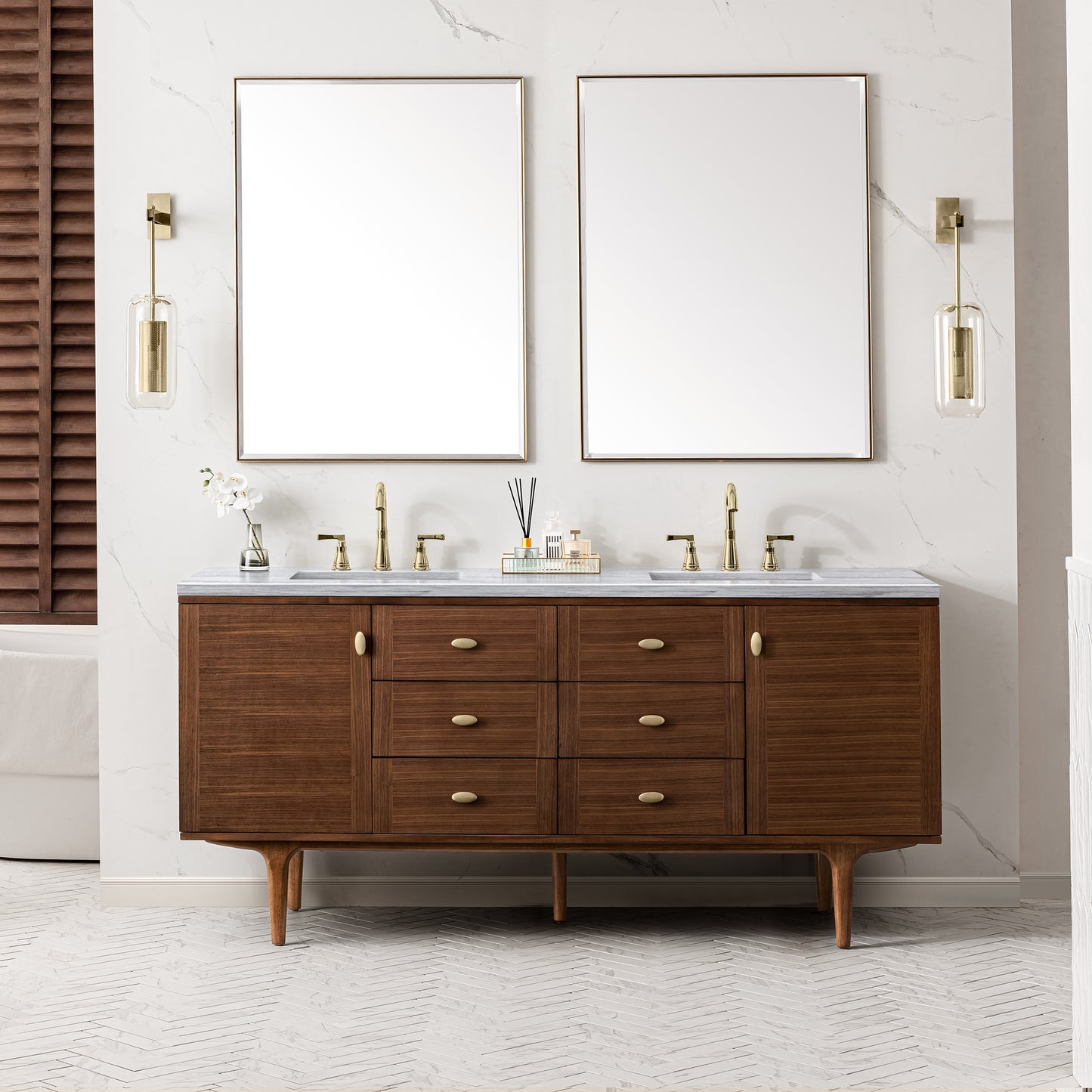 Amberly 72" Double Vanity, Mid-Century Walnut w/ 3CM Arctic Fall Top James Martin Vanities
