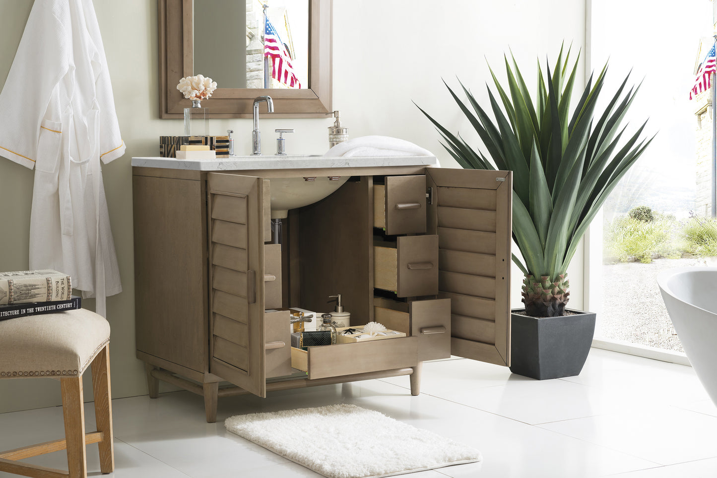 Portland 36" Single Vanity Whitewashed Walnut, w/ 3 CM Eternal Jasmine Pearl Quartz Top James Martin Vanities