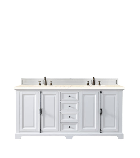 Providence 72" Double Vanity Cabinet, Bright White, w/ 3 CM Eternal Marfil Quartz Top James Martin