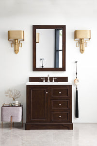 De Soto 36" Single Vanity, Burnished Mahogany w/ 3 CM White Zeus Quartz Top James Martin Vanities