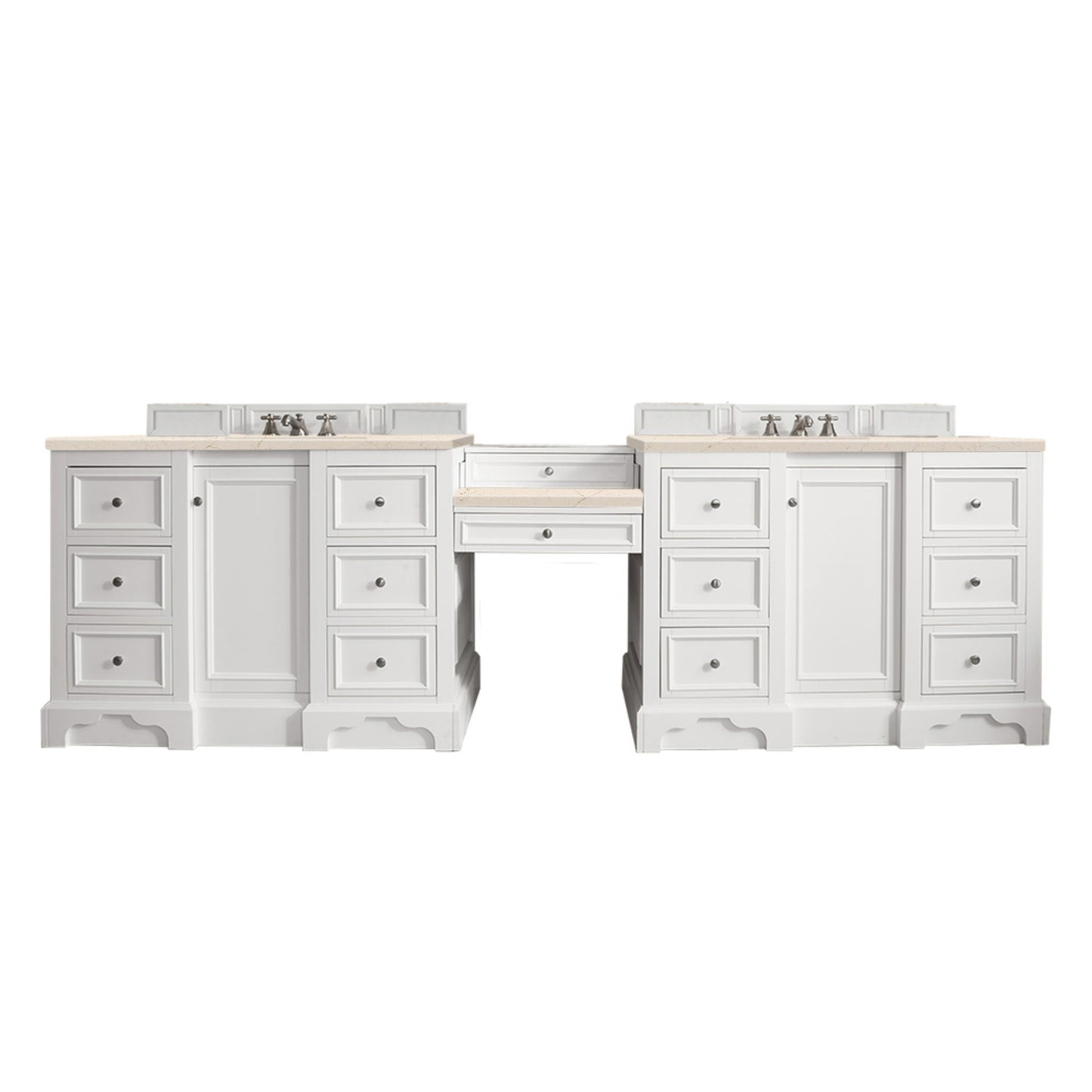 De Soto 118" Double Vanity Set, Bright White w/ Makeup Table, 3 CM Eternal Marfil Quartz Top James Martin
