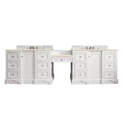 De Soto 118" Double Vanity Set, Bright White w/ Makeup Table, 3 CM Eternal Marfil Quartz Top James Martin