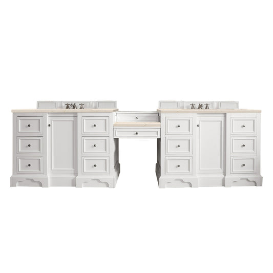 De Soto 118" Double Vanity Set, Bright White w/ Makeup Table, 3 CM Eternal Marfil Quartz Top James Martin