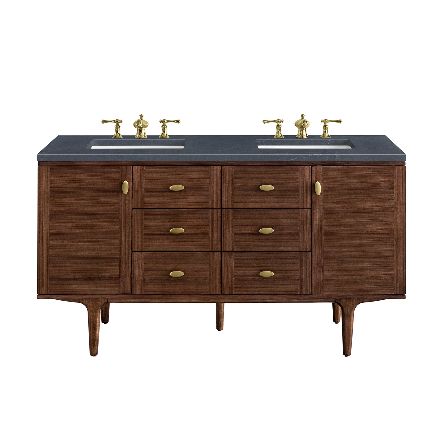 Amberly 60" Double Vanity, Mid-Century Walnut w/ 3CM Charcoal Soapstone Top James Martin Vanities