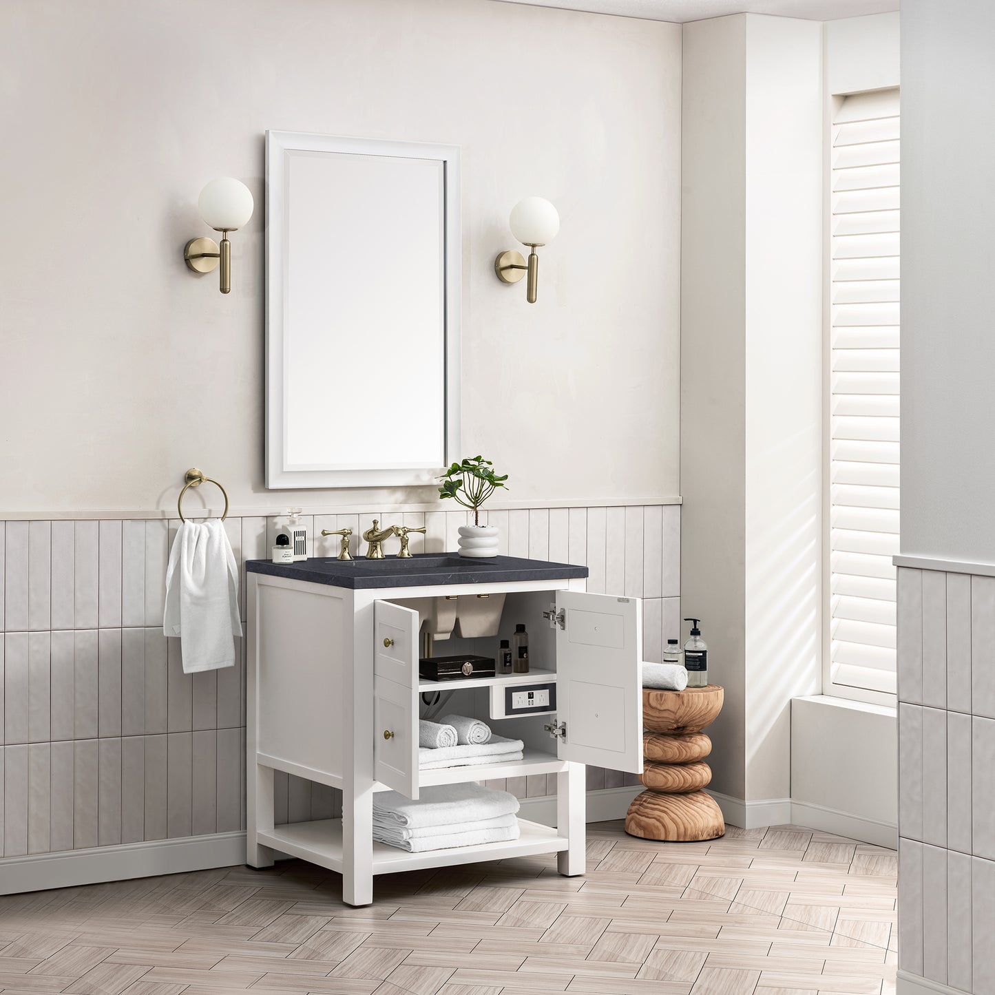 Breckenridge 30" Single Vanity, Bright White w/ 3CM Charcoal Soapstone Top James Martin Vanities