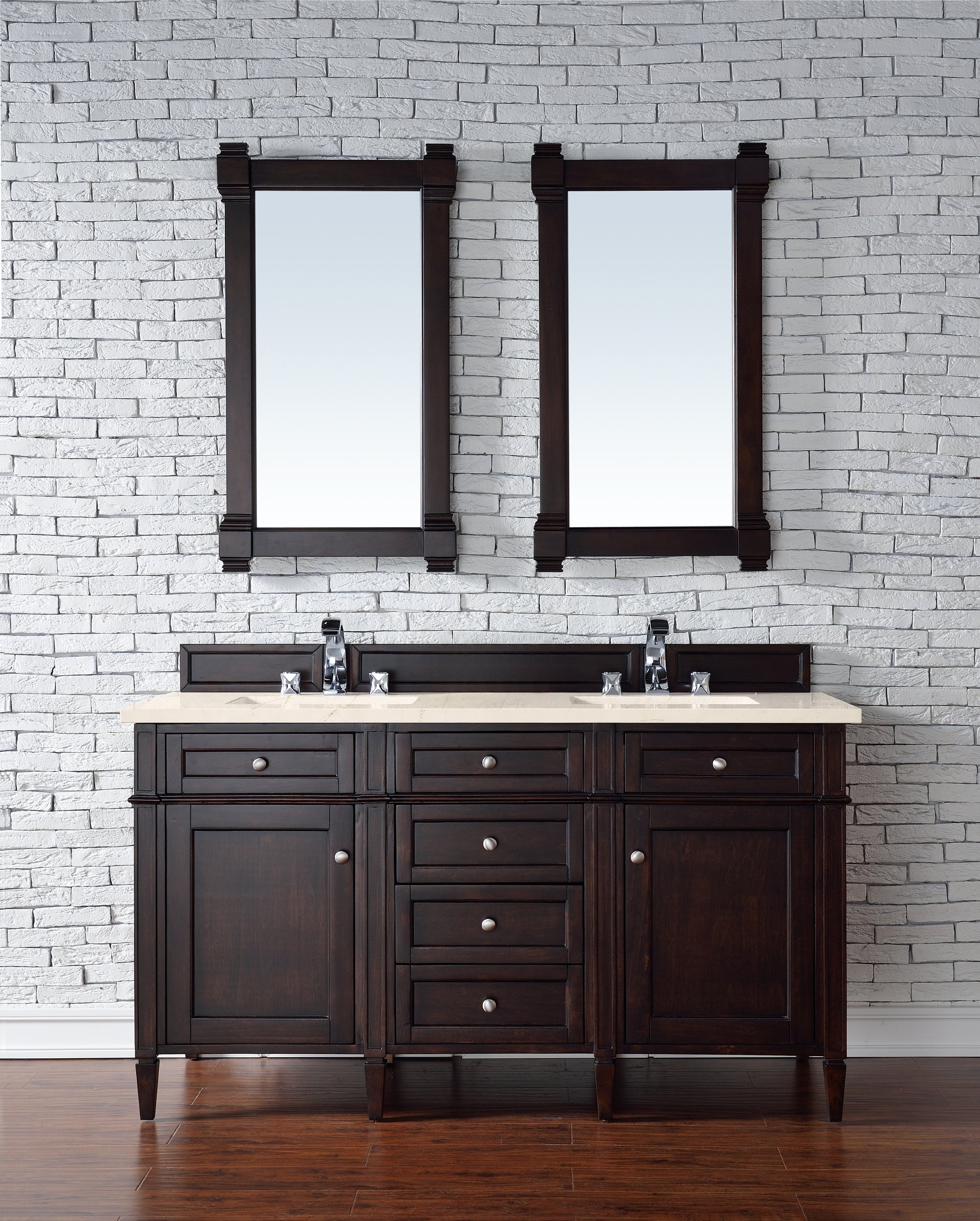 Brittany 60" Burnished Mahogany Double Vanity w/ 3 CM Eternal Marfil Quartz Top James Martin Vanities