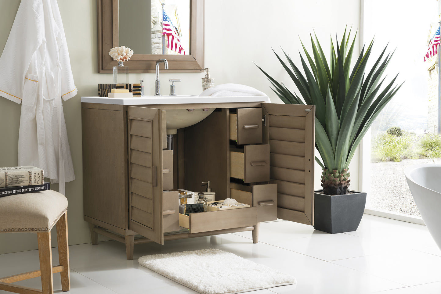 Portland 36" Single Vanity Whitewashed Walnut, w/ 3 CM White Zeus Quartz Top James Martin Vanities