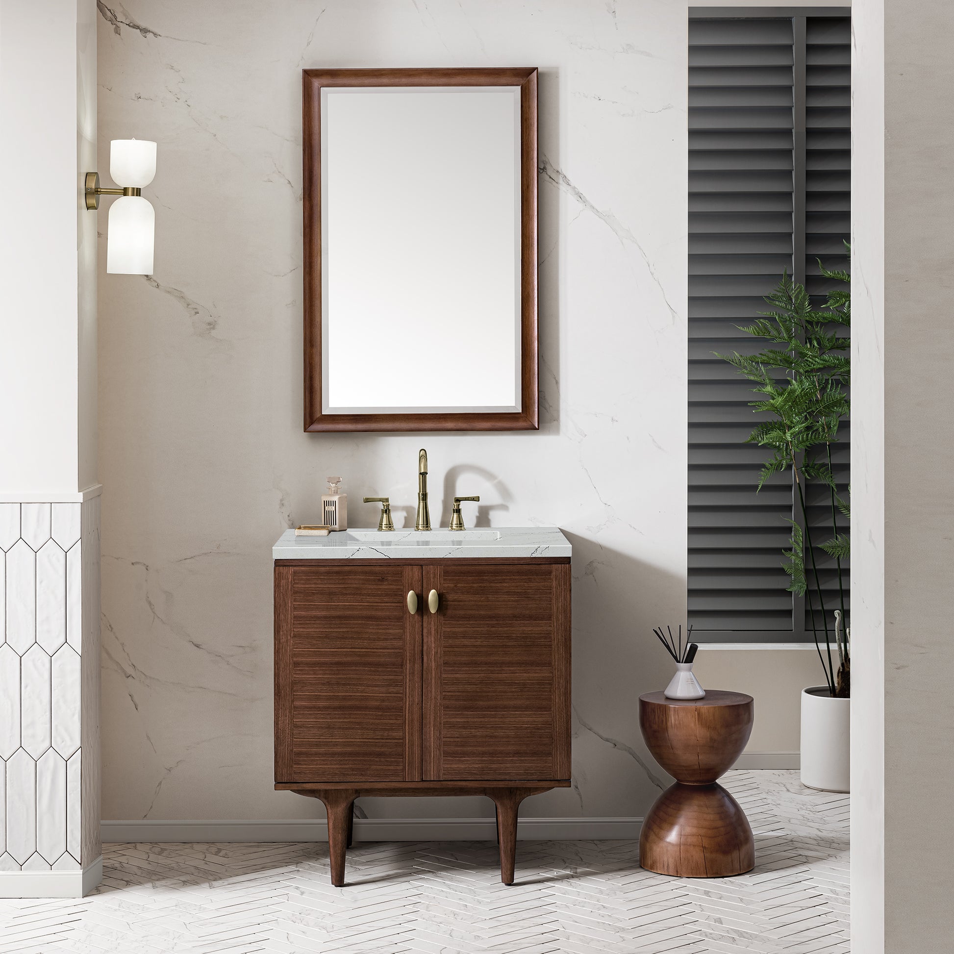Amberly 30" Single Vanity, Mid-Century Walnut w/ 3CM Ethereal Noctis Top James Martin Vanities