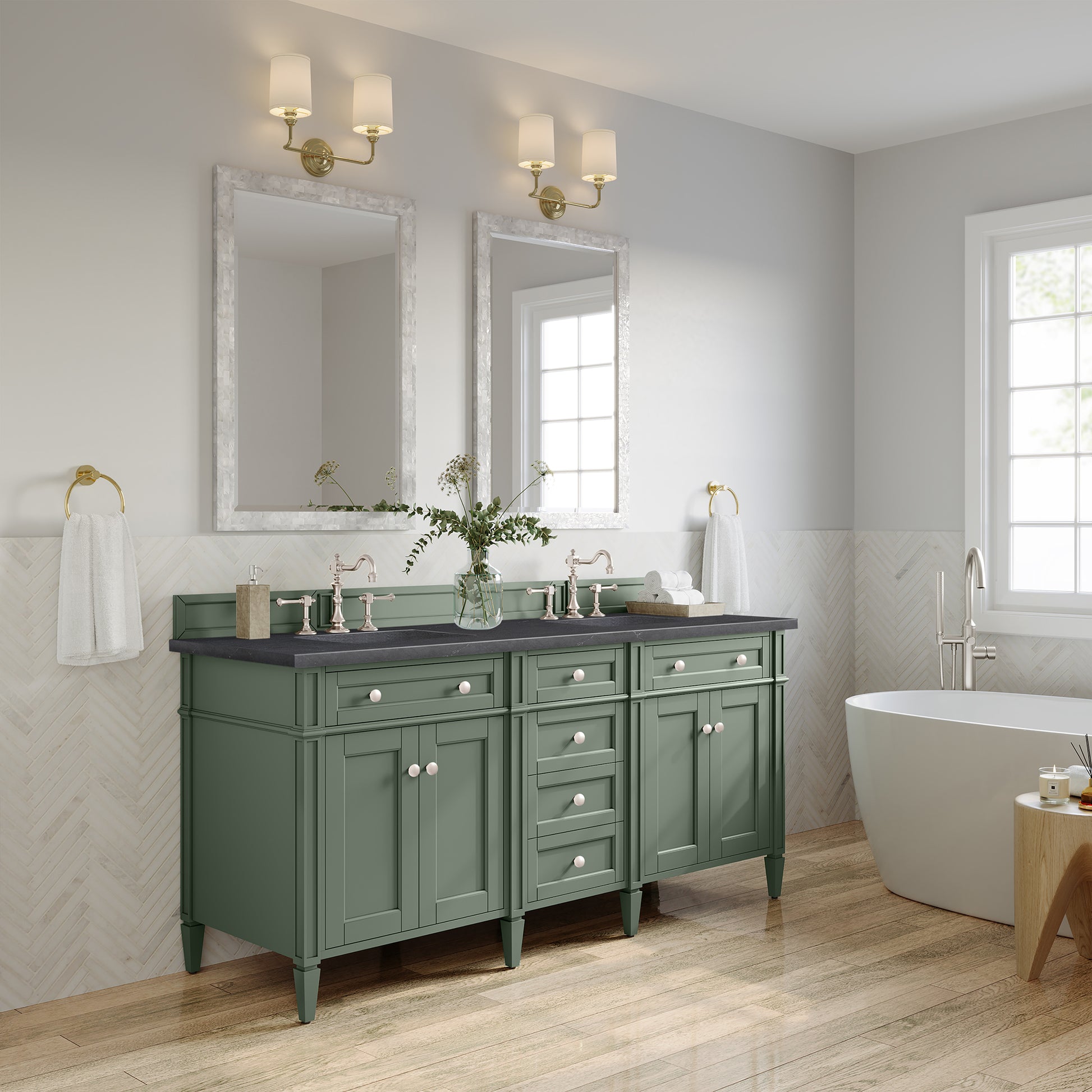 Brittany 72" Double Vanity, Smokey Celadon w/ 3CM Charcoal Soapstone Top James Martin Vanities