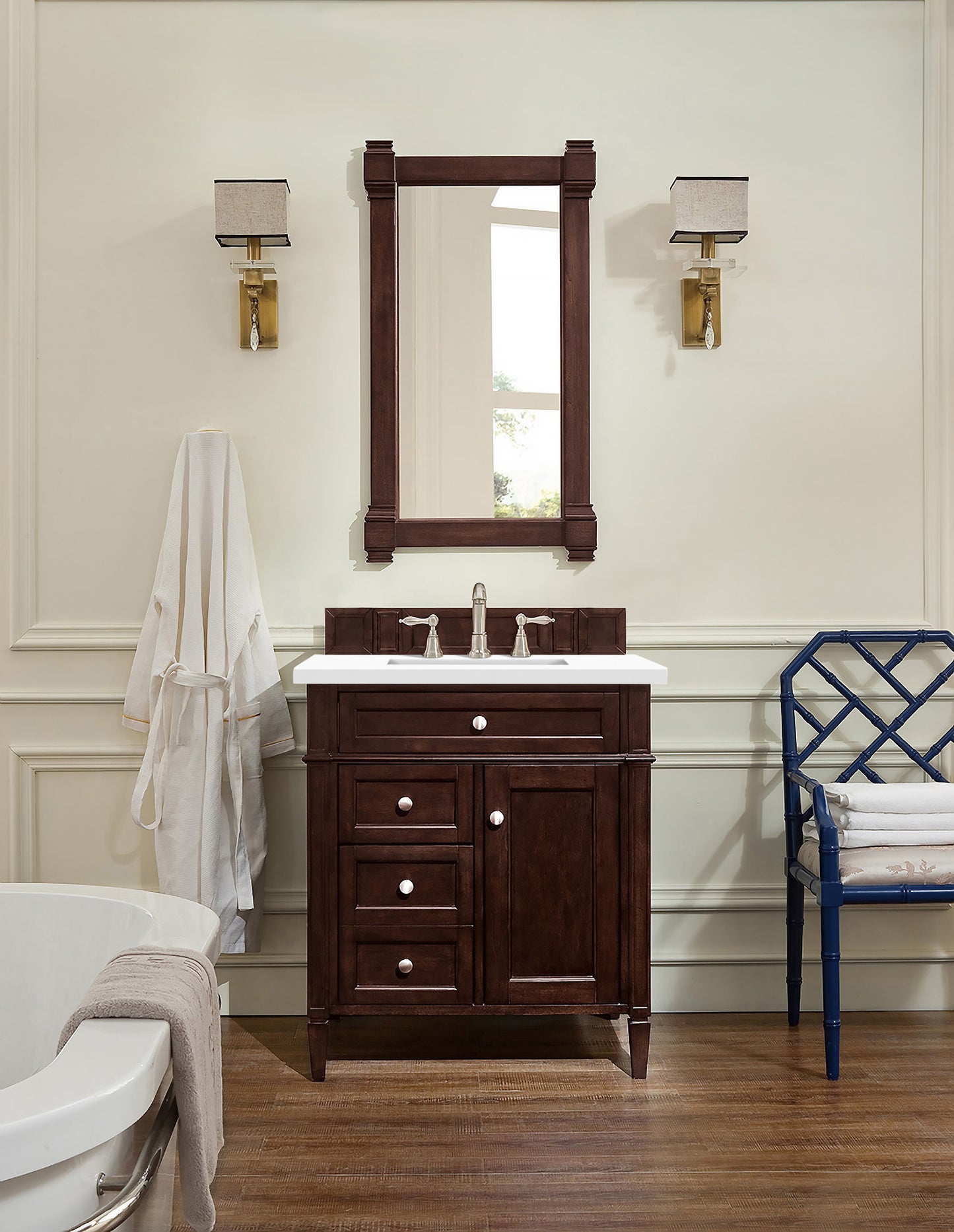 Brittany 30" Single Vanity, Burnished Mahogany, w/ 3 CM White Zeus Quartz Top James Martin Vanities
