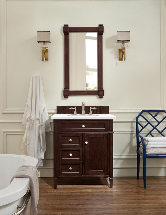 Brittany 30" Single Vanity, Burnished Mahogany, w/ 3 CM White Zeus Quartz Top James Martin Vanities