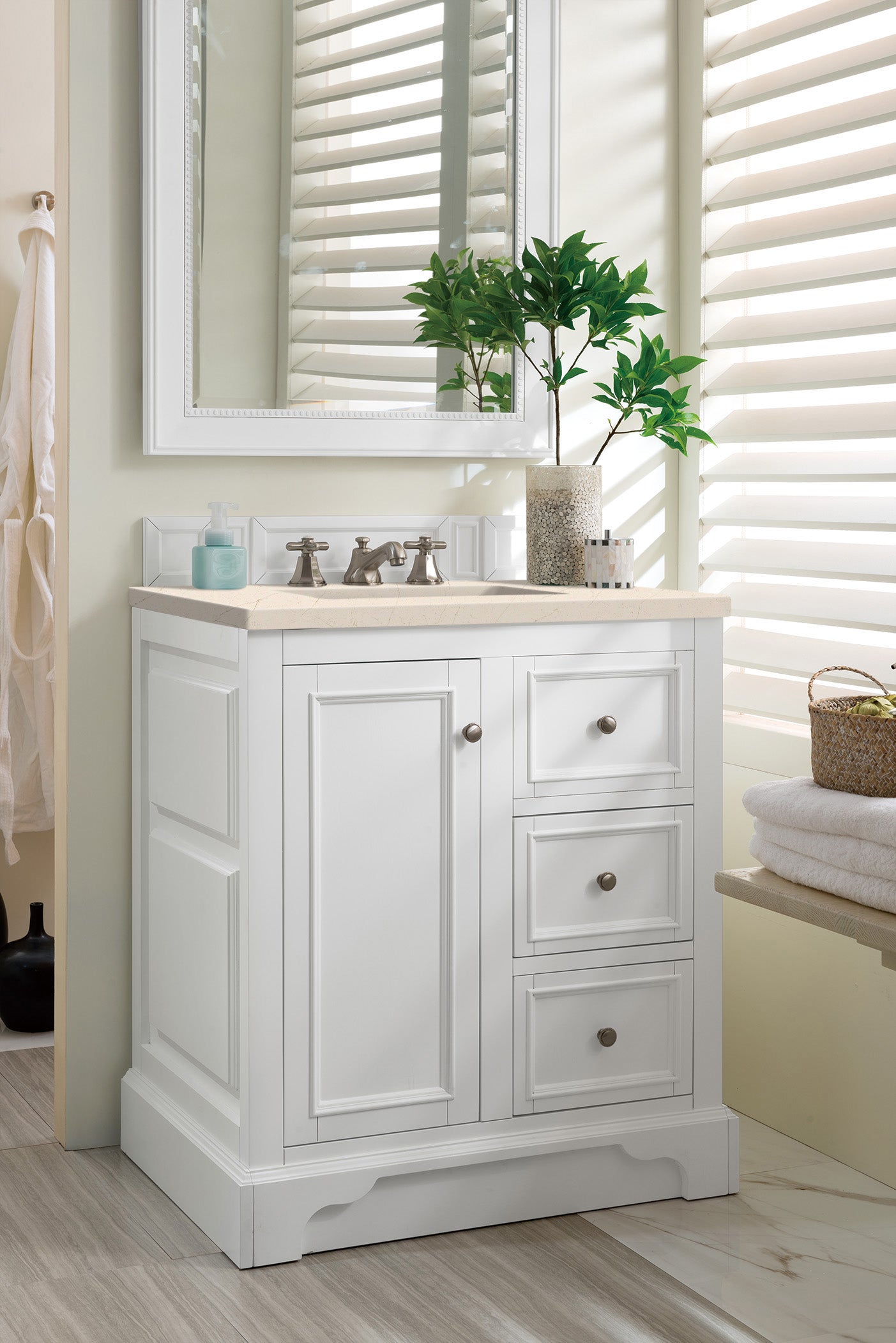 De Soto 30" Single Vanity, Bright White w/ 3 CM Eternal Marfil Quartz Top James Martin Vanities